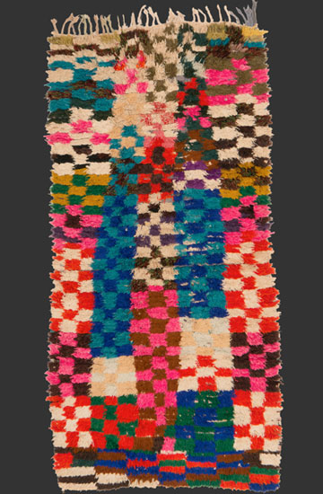 TM 2412, pile rug with a complex checkerboard pattern made from industrial yarns, probably from the Antifa tribe inhabiting the northern slopes of the central #HighAtlas at the northern edge of the Azilal province, Morocco, early 1990s, 200 x 100 cm / 6' 8'' x 3' 4'', high resolution image + price on request